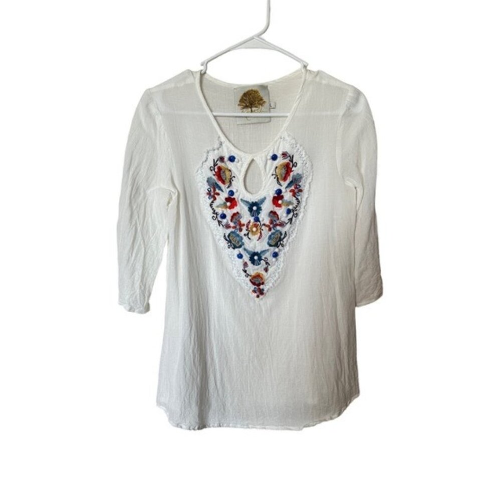 Missy Roberson White Gauze Lightweight Breathable Statement Neck Boho Beaded